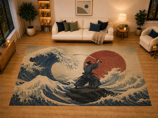 ICE ARMOR "Ultra Light Weight Large 6'7" x 9'10" Great Wave Warrior Area Rug for Living Room Bedroom Dining Area, Soft Low Pile Non-Slip Backing, Beige Blue Red Japanese Decor