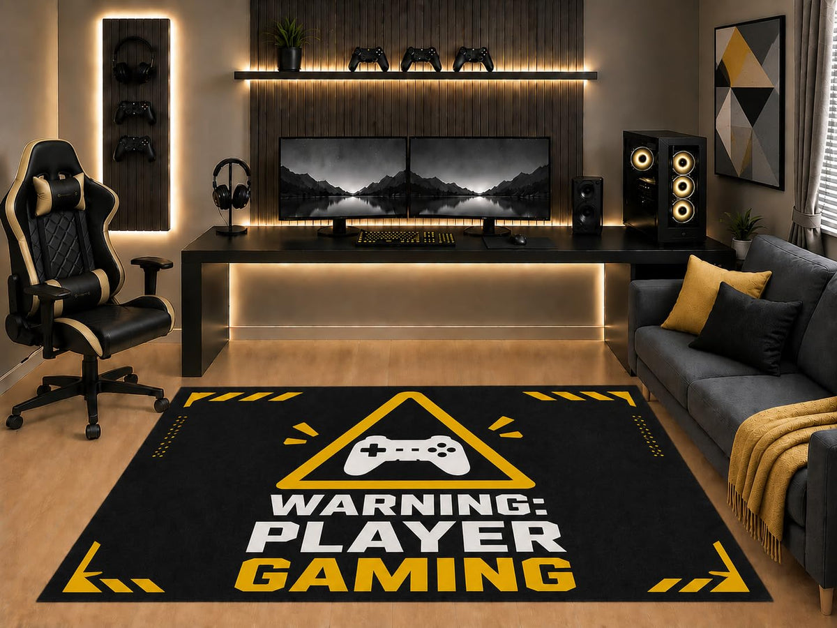 ICE ARMOR "Ultra Light Weight 5' x 7' Warning Player Gaming Area Rug Controller Sign Graphic Art for Boys Teen Bedroom Game Room Playroom Non-Slip Silicone Backing Low Pile