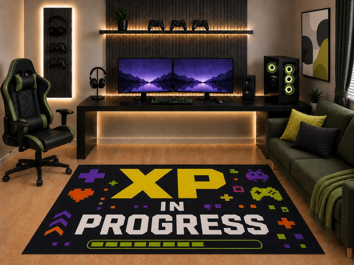 ICE ARMOR "Ultra Light Weight 5' x 7' XP in Progress Gaming Area Rug Retro Pixel Arcade Graphic for Boys Teen Bedroom Game Room Playroom Non-Slip Silicone Backing Low Pile