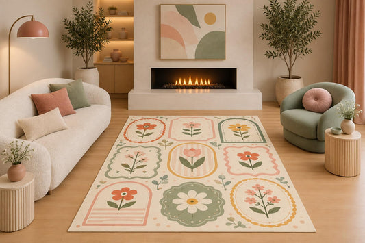 ICE ARMOR 5' x 7' Vintage Botanical Floral Frame Area Rug Cottagecore Wildflower Garden Panel Design for Living Room Bedroom Nursery Entryway Non-Slip Silicone Backing Low Pile