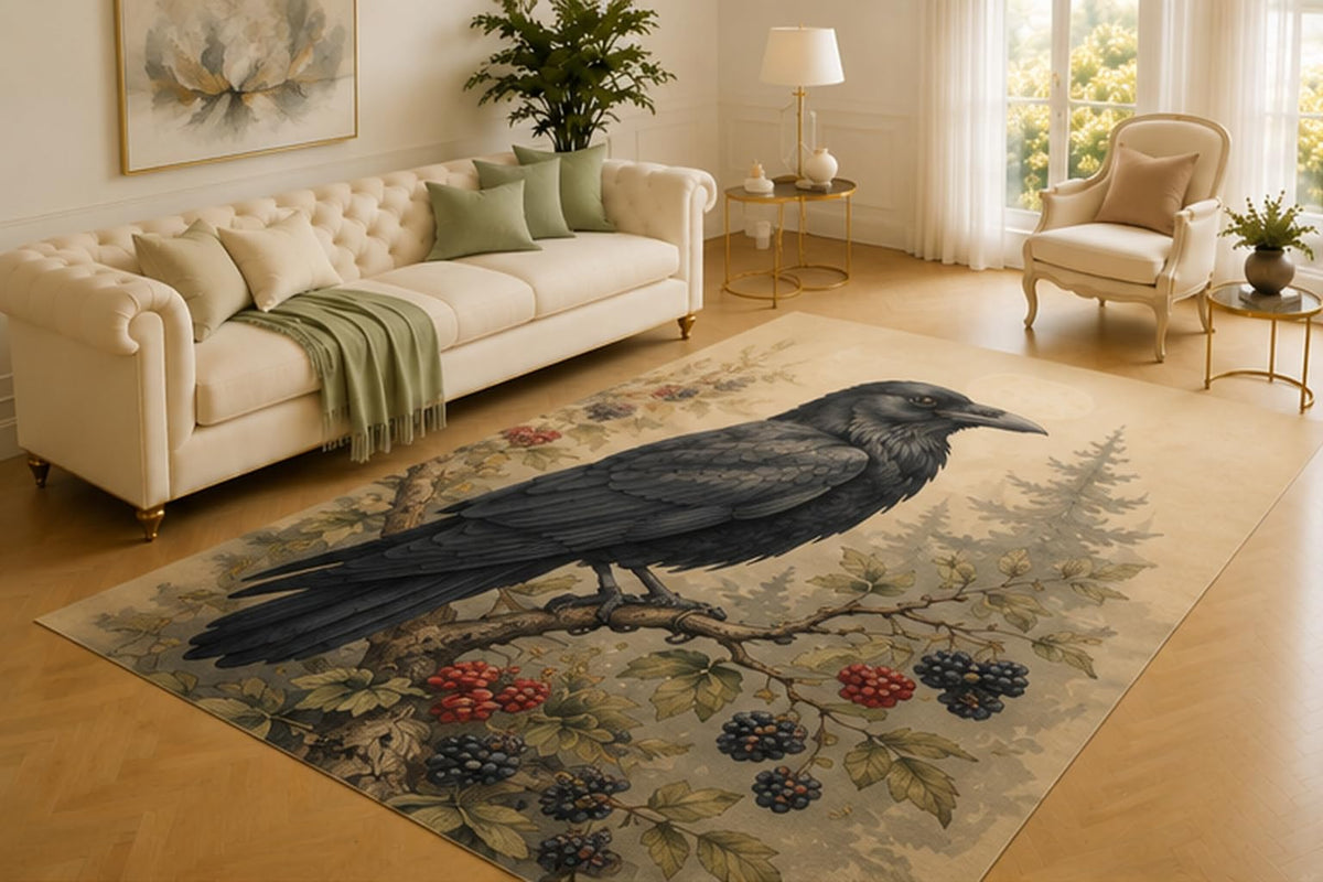 ICE ARMOR 5' x 7' Raven Rug, Dark Bird Perched on a Berry Branch with Forest Trees, Soft Floor Cover for Living Room, Bedroom, Office and Woodland Decor