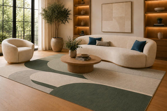 ICE ARMOR 6'7" x 9'10" Green and Cream Curved Abstract Shapes Area Rug for Living Room, Soft Low Pile Carpet with Non-Slip Silicone Backing, Floor Decor for Bedroom, Dining Area and Home Office