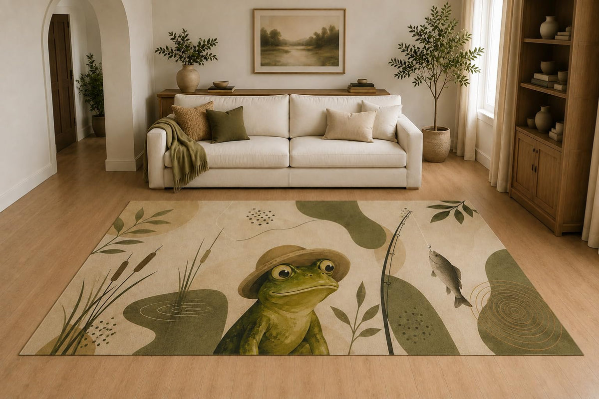 ICE ARMOR "Ultra Lightweight Large 6'7" x 9'10" Curious Frog Garden Area Rug for Living Room, Bedroom and Home Office, Soft Low Pile Carpet with Non-Slip Silicone Backing, Green and Beige