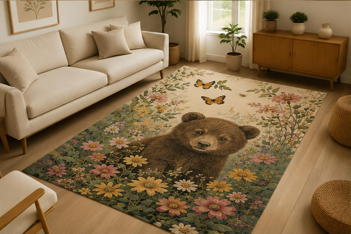 ICE ARMOR 5' x 7' Wildlife Floral Collection Area Rug Soft Low Pile Indoor Rug with Non Slip Silicone Backing Animal Nature Decor Carpet for Living Room Bedroom Family Room Kids and Pets Green