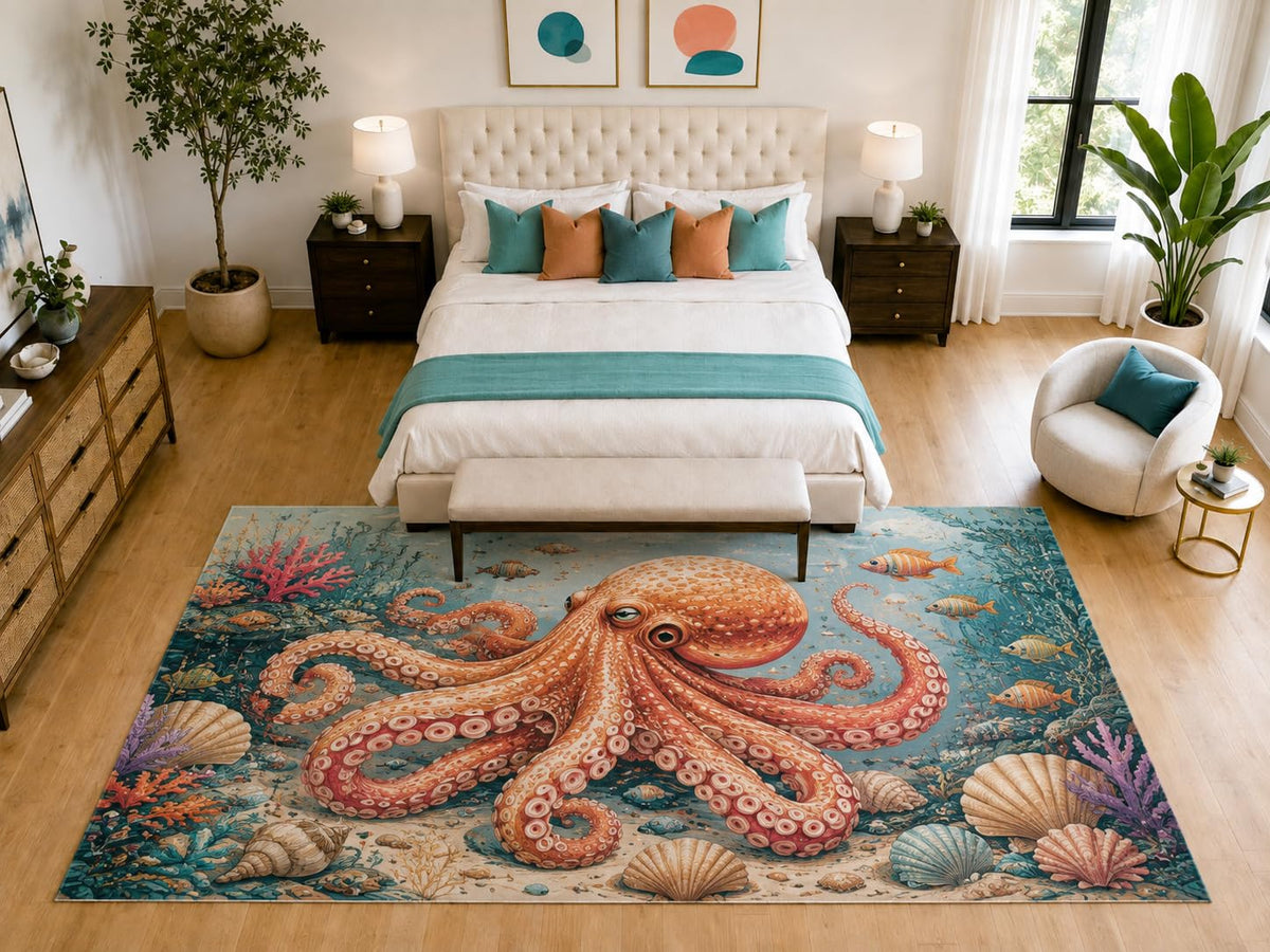ICE ARMOR "Ultra Light Weight Large 6'7" x 9'10" Octopus Seashell Reef Rug Bedroom, Soft Low Pile Indoor Rug and Non-Slip Silicone Backing, Aqua