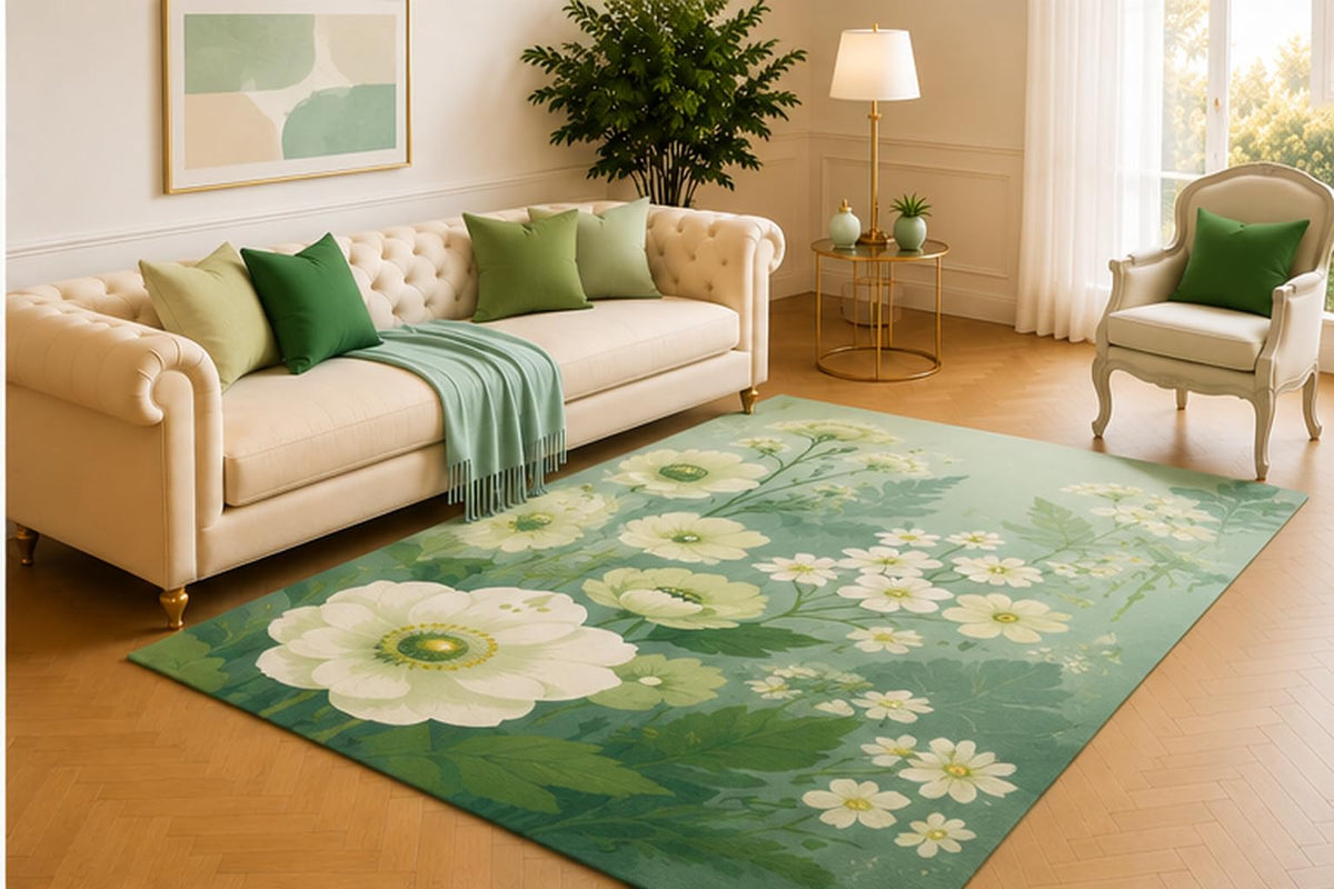 ICE ARMOR 5' x 7' White Blossom Garden Rug, Ivory Flowers and Layered Green Foliage on Misty Aqua, Graceful Floor Accent for Living Room, Bedroom or Sunroom