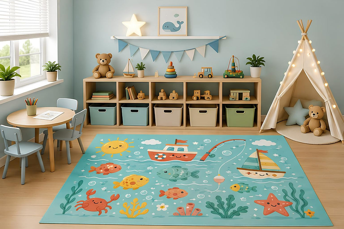 ICE ARMOR 5' x 7' Underwater Ocean Life Area Rug for Kids Playroom Nursery Bedroom, Fish Crab Starfish Sailboat Sea Cartoon Carpet, Non-Slip Silicone Backing Low Pile
