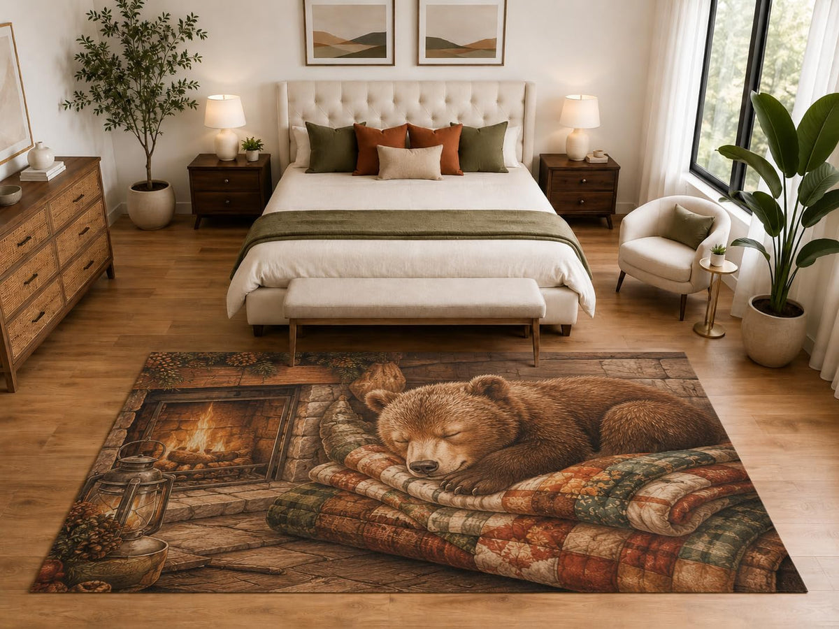 ICE ARMOR "Ultra Light Weight Large 6'7" x 9'10" Bear Fireplace Area Rug, Soft Low Pile Indoor Rug, Non-Slip Silicone Backing, Bedroom, Brown