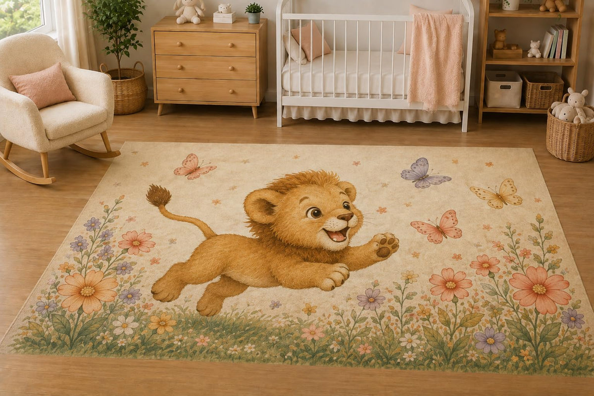 ICE ARMOR 5' x 7' Playful Baby Lion Butterfly Area Rug for Nursery, Soft Low Pile Indoor Rug with Non-Slip Silicone Backing, Kids Room, Playroom, Kids & Pets, Beige Yellow