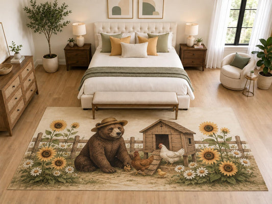 ICE ARMOR "Ultra Light Weight Large 6'7" x 9'10" Bear Chicken Coop Area Rug, Soft Low Pile Indoor Rug, Non-Slip Silicone Backing, Kids Room, Beige