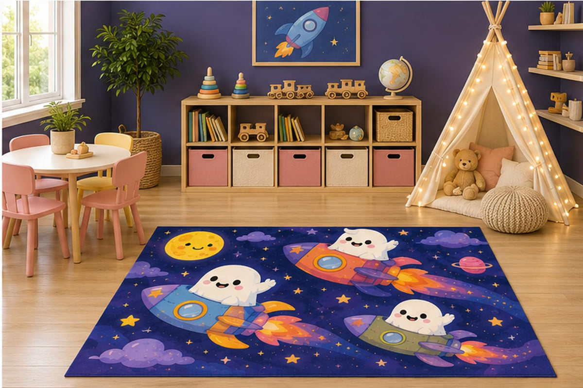 ICE ARMOR 5' x 7' Ghost Rocket Space Adventure Kids Area Rug, Cute Halloween Galaxy Cartoon Playroom Nursery Bedroom Classroom Decor, Non-Slip Silicone Backing Low Pile