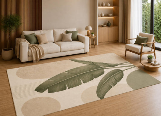 ICE ARMOR 5' x 7' Tropical Banana Leaf Area Rug with Non-Slip Silicone Backing Low Pile Soft Carpet for Living Room Bedroom Office Botanical Green Leaf Decor