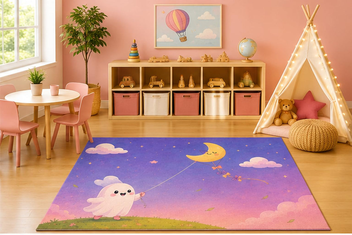 ICE ARMOR 5' x 7' Ghost Flying Moon Kite Kids Area Rug, Cute Happy Ghost Crescent Moon Kawaii Cartoon Playroom Nursery Bedroom Halloween Decor, Non-Slip Silicone Backing Low Pile