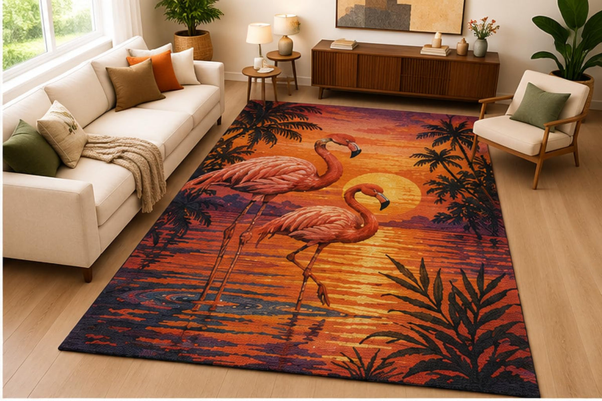 ICE ARMOR 5' x 7' Flamingo Sunset Tropical Beach Area Rug Soft Low Pile Indoor Rug with Non Slip Silicone Backing Coastal Animal Decor Carpet for Living Room Bedroom Office Family Room Orange