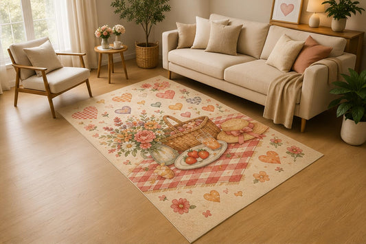 ICE ARMOR 5' x 7' Cottage Picnic Heart Garden Area Rug, Soft Low Pile Indoor Rug with Non-Slip Silicone Backing for Living Room, Bedroom, Family Room, Romantic Decor, Pink Beige Brown