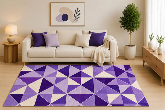 ICE ARMOR 5' x 7' Lavender Geometric Area Rug, Purple White Modern Triangle Mosaic Design for Living Room Bedroom Office, Non-Slip Silicone Backing, Low Pile Carpet