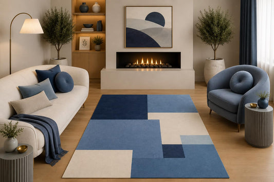 ICE ARMOR 5' x 7' Modern Geometric Area Rug Navy Blue Beige Abstract Color Block Design for Living Room Bedroom Dining Room Non-Slip Silicone Backing Low Pile