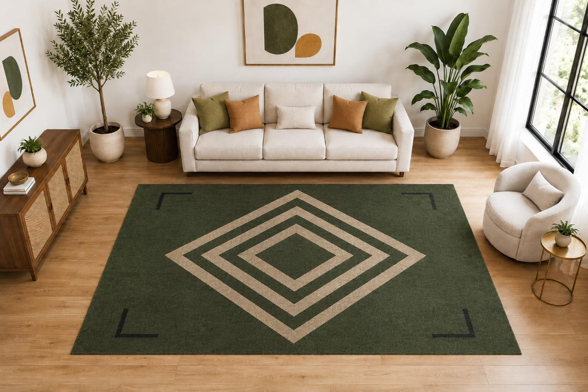 ICE ARMOR Large 6'7" x 9'10" Concentric Diamond Geometric Area Rug for for Bedroom, Living Room, Soft Low Pile Indoor Rug with Non-Slip Silicone Backing, Olive Green Beige Black