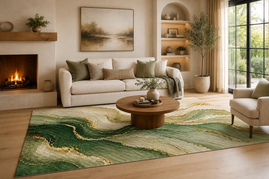 ICE ARMOR 6'7" x 9'10" Forest Green, Sage and Cream Emerald Marble Flow Area Rug for Living Room, Soft Low Pile with Non-Slip Backing, Bedroom, Dining Area and Office Decor