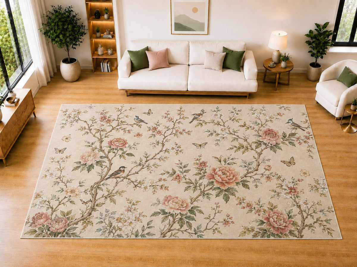 ICE ARMOR "Ultra Light Weight Large 6'7 x 9'10 Blossom Branch Birds Area Rug for Living Room, Dining Room, and Bedroom, Soft Low Pile Indoor Rug, Nature Inspired Floor Decor
