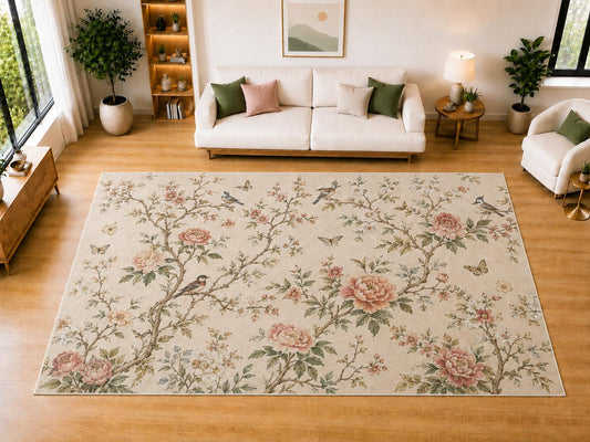 ICE ARMOR "Ultra Light Weight Large 6'7 x 9'10 Blossom Branch Birds Area Rug for Living Room, Dining Room, and Bedroom, Soft Low Pile Indoor Rug, Nature Inspired Floor Decor