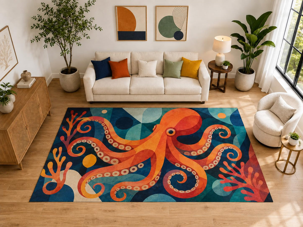 ICE ARMOR "Ultra Light Weight Large 6'7" x 9'10" Geometric Octopus Rug for Kids Room, Soft Low Pile Indoor Rug and Non-Slip Silicone Backing, Blue