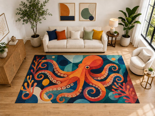 ICE ARMOR "Ultra Light Weight Large 6'7" x 9'10" Geometric Octopus Rug for Kids Room, Soft Low Pile Indoor Rug and Non-Slip Silicone Backing, Blue