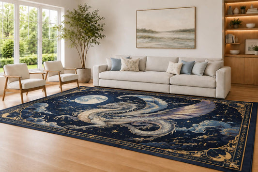 ICE ARMOR Large 6'7" x 9'10" Navy and Cream Celestial Dragon Area Rug for Living Room, Soft Low Pile Carpet with Non-Slip Silicone Backing, Decor for Bedroom and Home Office