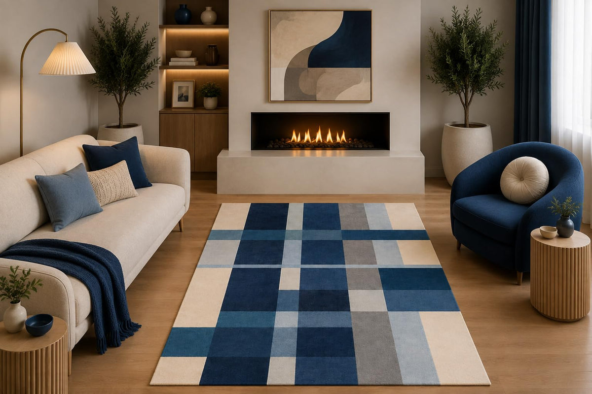 ICE ARMOR 5' x 7' Modern Plaid Area Rug Navy Blue Gray Beige Geometric Checkered Design for Living Room Bedroom Dining Room Office Non-Slip Silicone Backing Low Pile