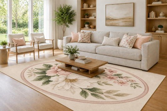 ICE ARMOR Large 6'7" x 9'10" Blush and Sage Green Oval Botanical Bouquet Area Rug for Living Room, Soft Low Pile Carpet with Non-Slip Silicone Backing, Decor for Bedroom and Home Office