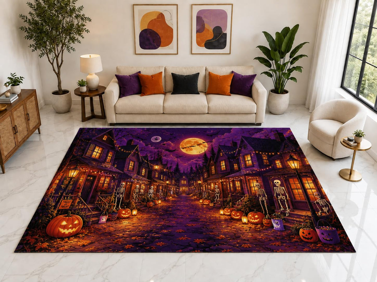 ICE ARMOR "Ultra Light Weight Large 6'7" x 9'10" Haunted Street Rug, Soft Low Pile Indoor Rug, Non-Slip Silicone Backing for Family Room Purple