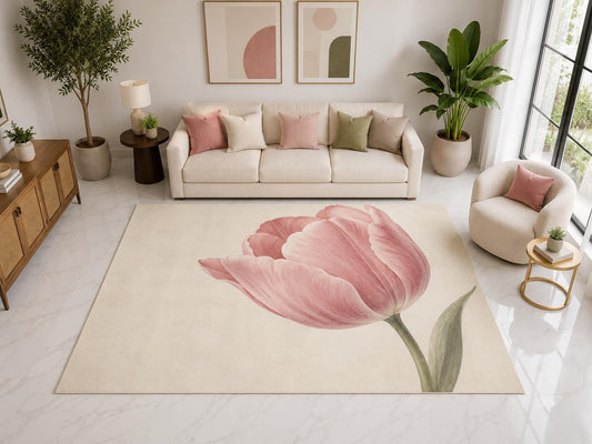 ICE ARMOR "Ultra Light Weight Large 6'7" x 9'10" Pink Tulip Botanical Rug, Soft Low Pile Indoor Rug, Non-Slip Silicone Backing for Living Room Pink