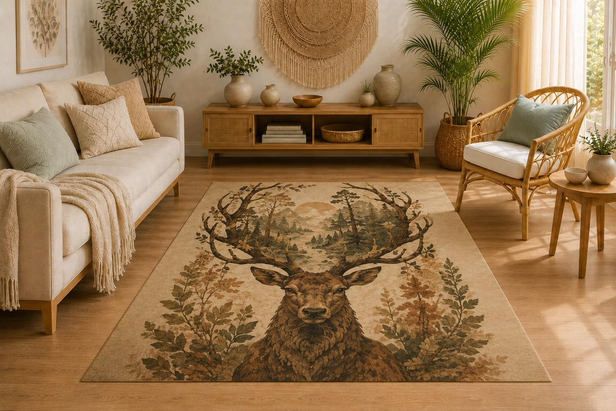 ICE ARMOR 5' x 7' Woodland Deer Forest Area Rug, Soft Low Pile Indoor Rug with Non-Slip Silicone Backing, Decorative Carpet for Living Room, Bedroom, Dining Room, Rustic Cabin Decor