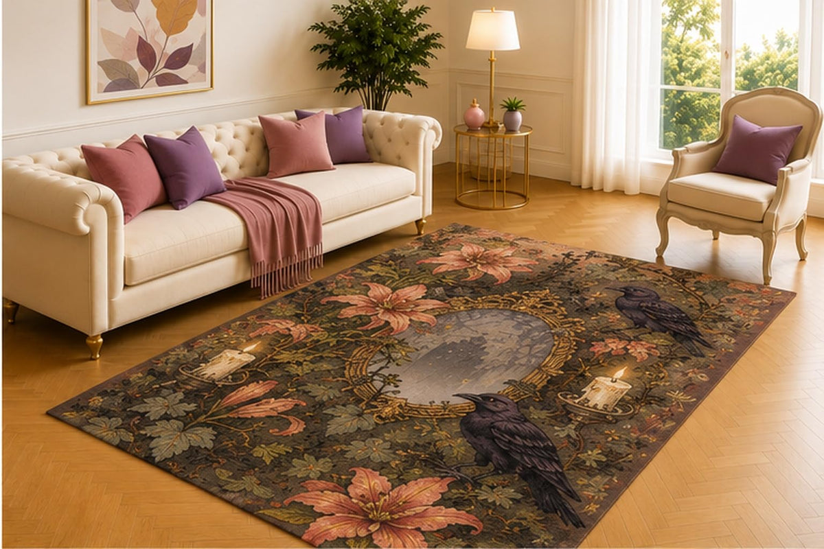 ICE ARMOR 5' x 7' Raven Mirror Floral Rug, Moody Botanical Scene with Black Birds, Candles and Antique Frame, Gothic Floor Accent for Bedroom, Study or Reading Room