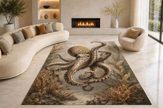 ICE ARMOR "Ultra Lightweight Large 6'7" x 9'10" Vintage Octopus Reef Area Rug for Living Room, Bedroom and Home Office, Soft Low Pile Carpet with Non-Slip Silicone Backing, Beige and Brown