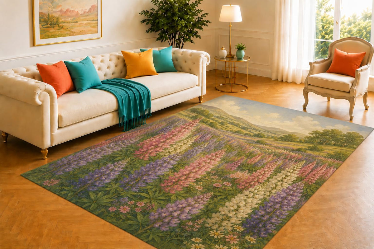 ICE ARMOR 5' x 7' Lupine Valley Rug, Rows of Pink, Purple and Cream Spires Beneath Gentle Hills, Scenic Centerpiece for Studio, Guestroom or Quiet Retreat