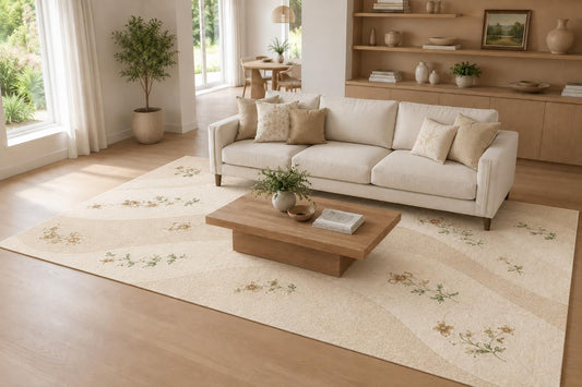 ICE ARMOR Large 6'7" x 9'10" Ivory and Beige Botanical Curves Area Rug for Living Room, Soft Low Pile Carpet with Non-Slip Silicone Backing, Decor for Bedroom, Dining Area and Home Office