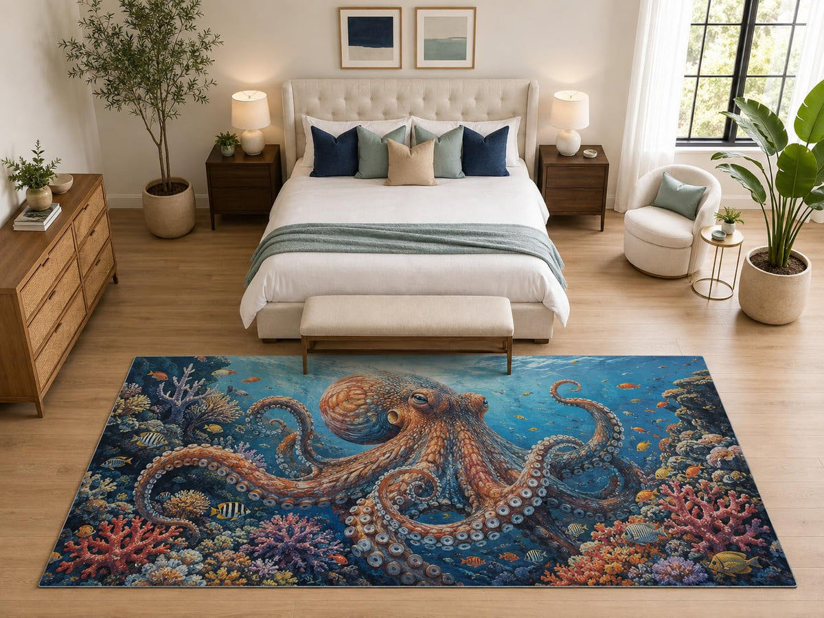 ICE ARMOR "Ultra Light Weight Large 6'7" x 9'10" Octopus Reef Rug Bedroom, Soft Low Pile Indoor Rug and Non-Slip Silicone Backing, Blue