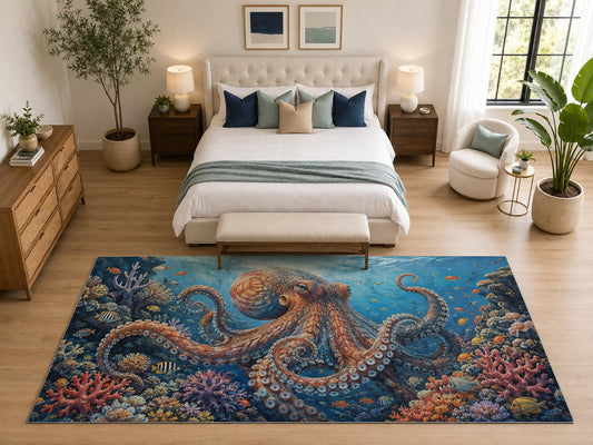 ICE ARMOR "Ultra Light Weight Large 6'7" x 9'10" Octopus Reef Rug Bedroom, Soft Low Pile Indoor Rug and Non-Slip Silicone Backing, Blue
