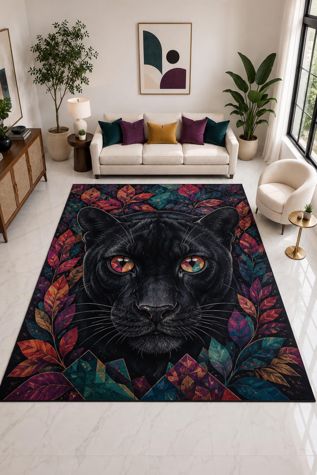 ICE ARMOR "Ultra Light Weight Large 6'7" x 9'10" Black Panther Floral Face Rug, Soft Low Pile Indoor Rug, Non-Slip Silicone Backing for Bedroom Black