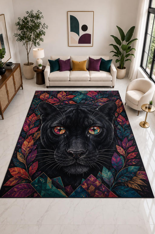 ICE ARMOR "Ultra Light Weight Large 6'7" x 9'10" Black Panther Floral Face Rug, Soft Low Pile Indoor Rug, Non-Slip Silicone Backing for Bedroom Black