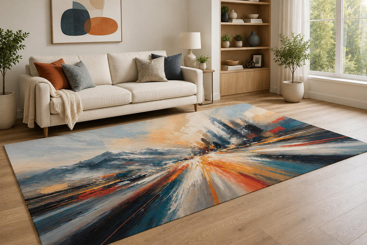 ICE ARMOR "Ultra Lightweight Large 6'7" x 9'10" Mountain Color Burst Area Rug for Living Room, Bedroom and Home Office, Soft Low Pile Carpet with Non-Slip Silicone Backing, Blue and Orange
