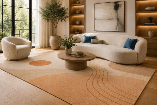 ICE ARMOR 6'7" x 9'10" Orange and Cream Curved Line Shapes Area Rug for Living Room, Soft Low Pile Carpet with Non-Slip Silicone Backing, Floor Decor for Bedroom, Dining Area and Home Office