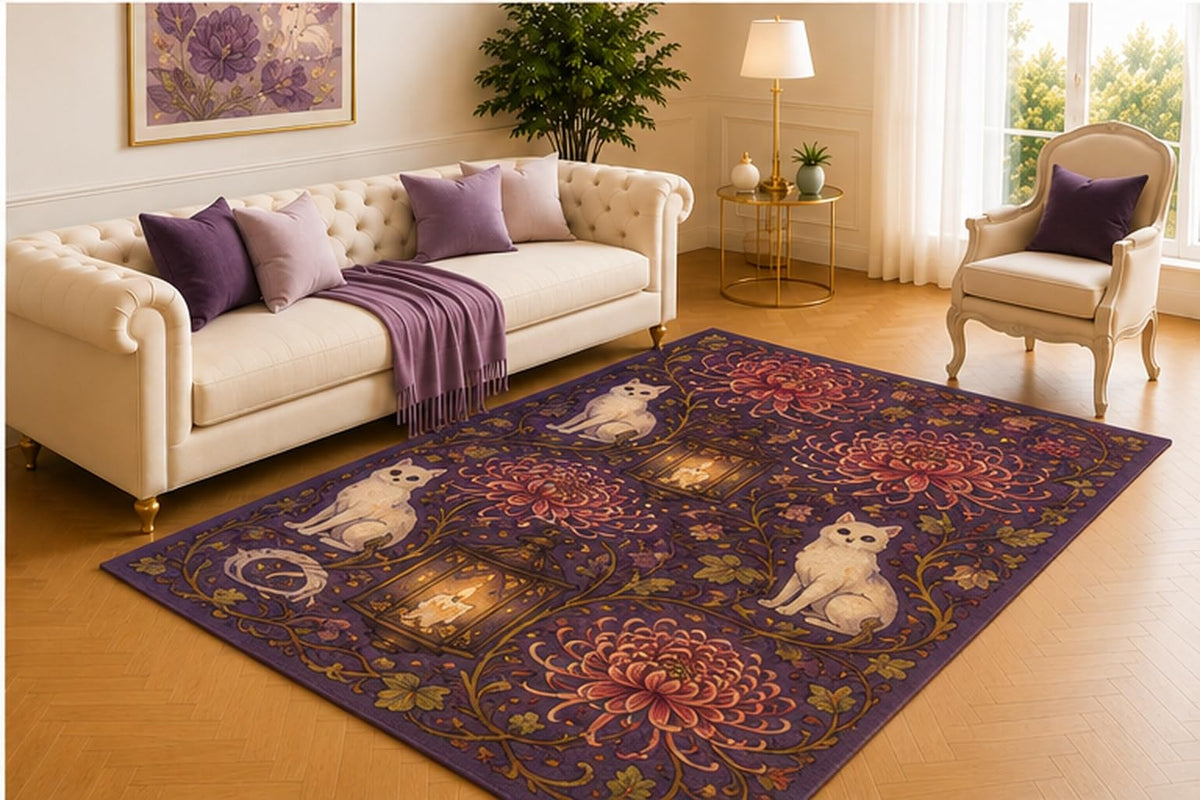 ICE ARMOR 5' x 7' Raven Mushroom Bellflower Rug, Dark Green Botanical Pattern with Purple Fungi and Gothic Birds, Enchanted Floor Accent for Bedroom, Office or Reading Nook