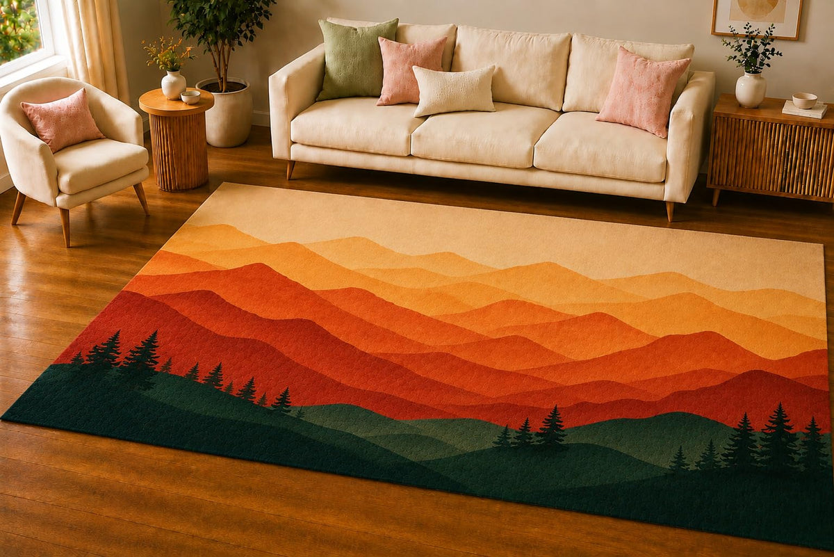 ICE ARMOR 5' x 7' Abstract Layered Mountain Area Rug, Soft Low Pile Indoor Rug with Non-Slip Silicone Backing, Modern Nature Carpet for Living Room, Bedroom, Office, Family Room, Rust Green