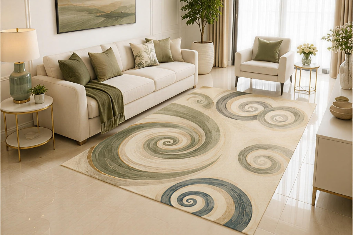 ICE ARMOR 5' x 7' Spiral Abstract Area Rug, Modern Sage Green Swirl Art Design for Living Room Bedroom Office, Non-Slip Silicone Backing, Low Pile Carpet