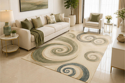 ICE ARMOR 5' x 7' Spiral Abstract Area Rug, Modern Sage Green Swirl Art Design for Living Room Bedroom Office, Non-Slip Silicone Backing, Low Pile Carpet