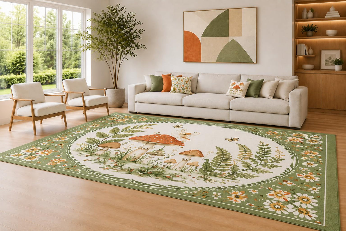 ICE ARMOR Large 6'7" x 9'10" Sage and Cream Mushroom Medallion Area Rug for Living Room, Soft Low Pile Carpet with Non-Slip Silicone Backing, Decor for Bedroom and Home Office