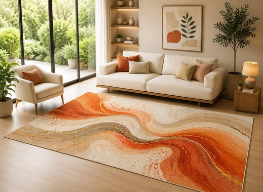 ICE ARMOR 6'7" x 9'10" Orange Cream Swirl Area Rug for Living Room, Soft Low Pile Indoor Rug with Non-Slip Silicone Backing, Decorative Carpet for Bedroom, Dining Room and Office, Orange