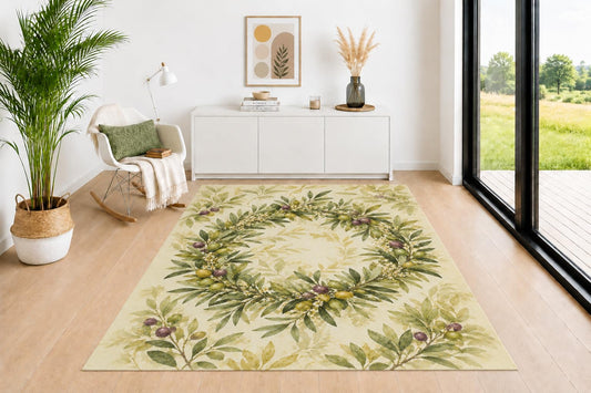 ICE ARMOR 5' x 7' Olive Branch Wreath Area Rug for Living Room, Soft Low Pile Indoor Rug with Non-Slip Backing, Botanical Carpet for Bedroom, Dining Room, Office, Green Cream